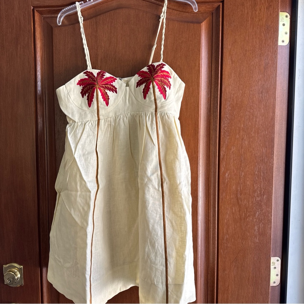 NWT Farm Rio Babydoll Palm Tree Mini Linen Cream Dress M - Picture 6 of 9